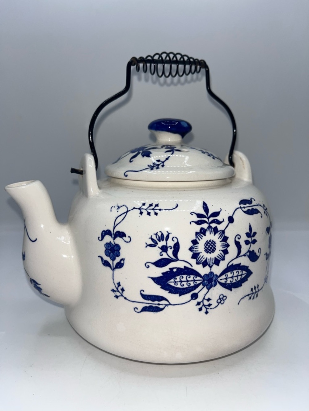 Blue & White Floral Ceramic Teapot with Coil Handle